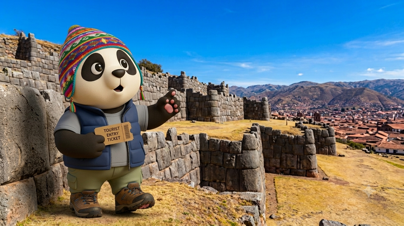 Panda de Gigapanda con su Boleto Turístico en la mano frente a las murallas de Sacsayhuamán en Cusco