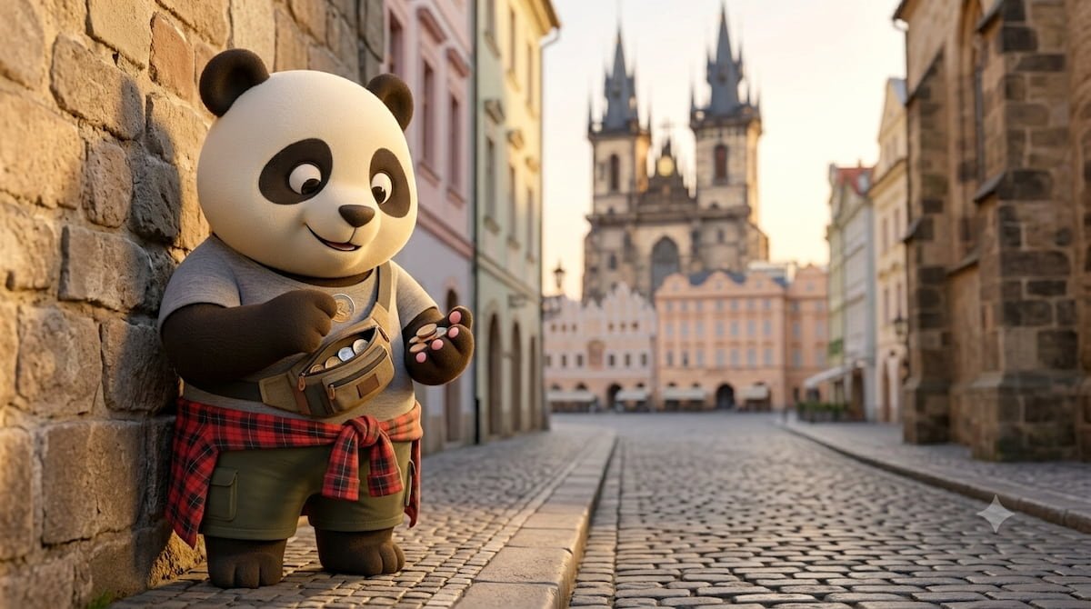 Panda de Gigapanda con una alcancía y monedas de euro en las callecitas coloridas del casco antiguo de Praga