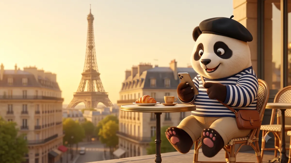 Panda de Gigapanda como turista usando su celular frente a la Torre Eiffel en París