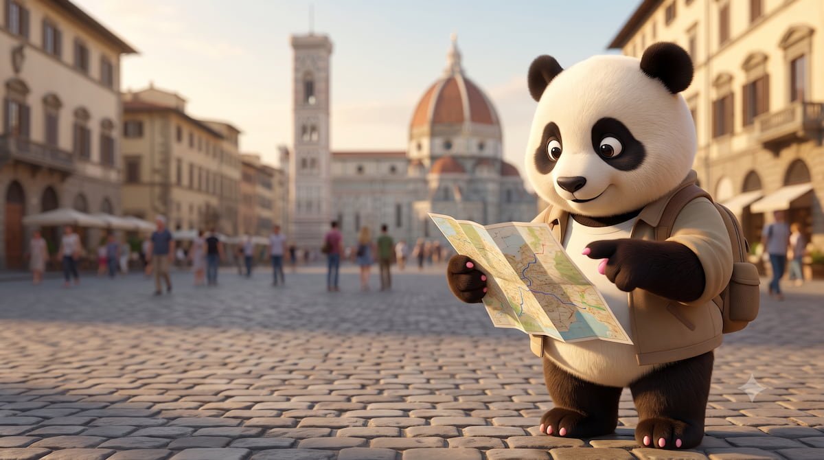Panda de Gigapanda con un mapa plegable de Europa señalando rutas entre países, mochila con parches de banderas