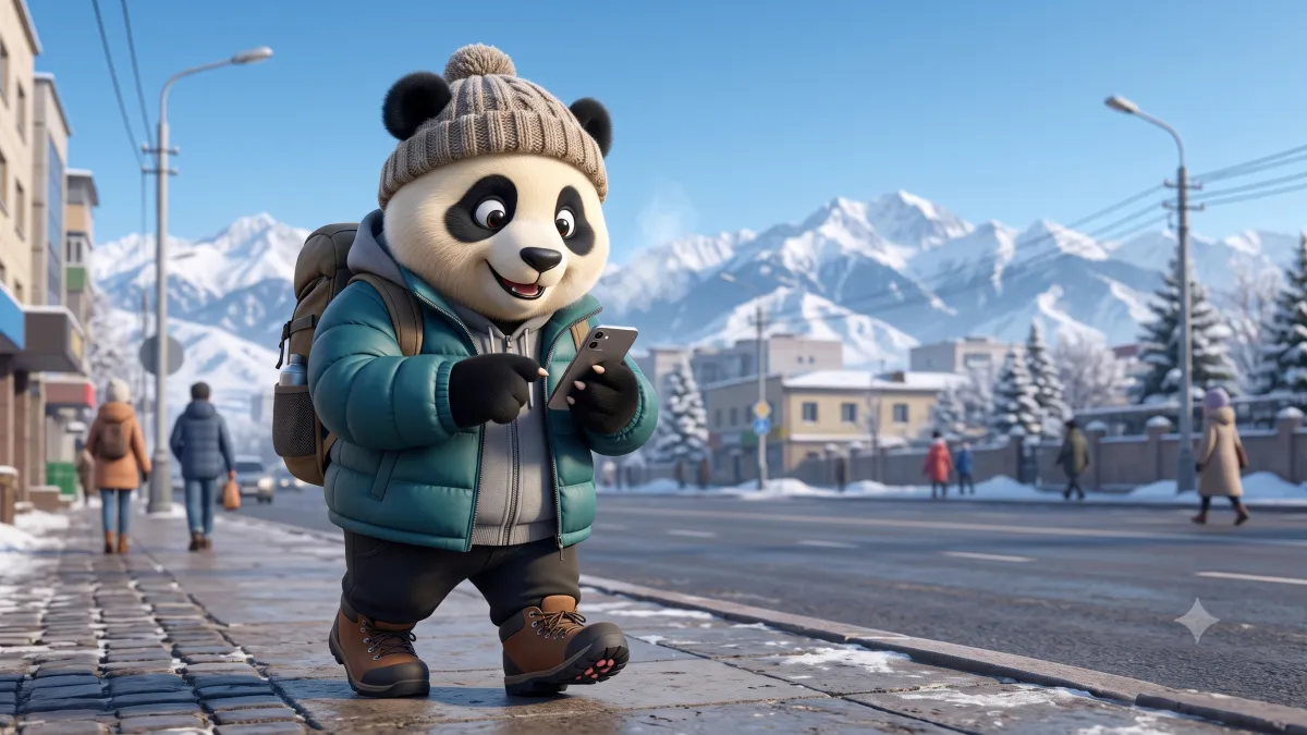 Panda de Gigapanda abrigado revisando su celular en una calle de Almatý con las montañas nevadas del Tian Shan al fondo