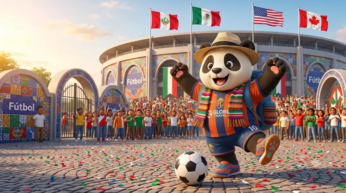 Panda de Gigapanda con camiseta de fútbol y balón celebrando el Mundial 2026 frente a un estadio, con las banderas de México, Estados Unidos y Canadá
