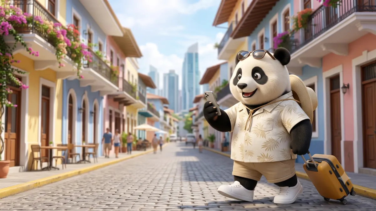 Panda de Gigapanda usando feliz su celular en una calle colonial del Casco Viejo de Panamá con los rascacielos de la ciudad al fondo