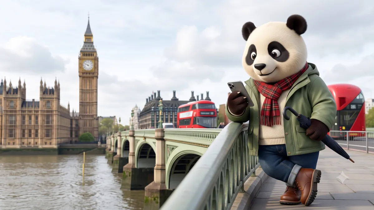 Panda de Gigapanda como turista usando su celular en el puente de Westminster con el Big Ben de fondo en Londres