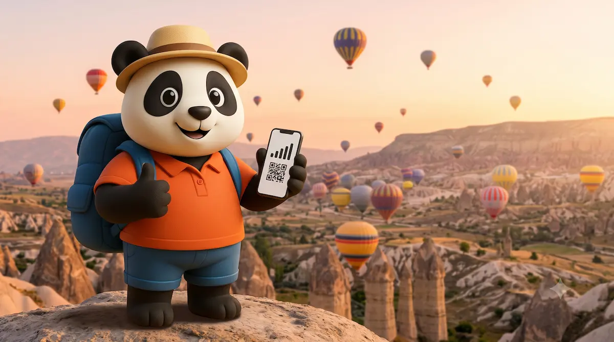 Panda de Gigapanda con su celular frente a globos aerostáticos de Capadocia en Turquía al amanecer, mostrando una eSIM activa