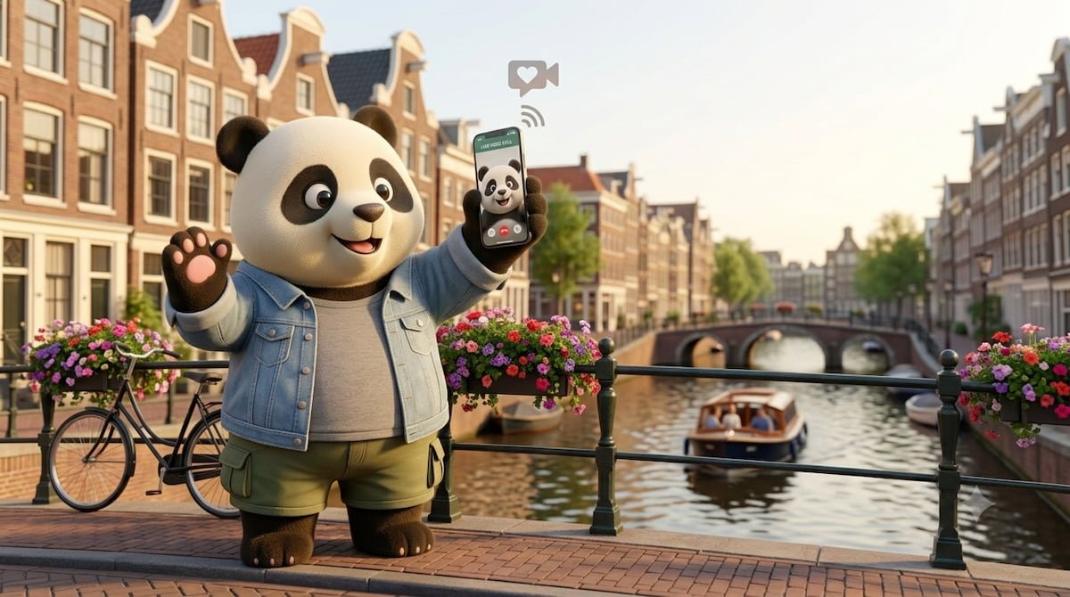 Panda de Gigapanda haciendo una videollamada feliz junto a los canales y casas inclinadas de Ámsterdam