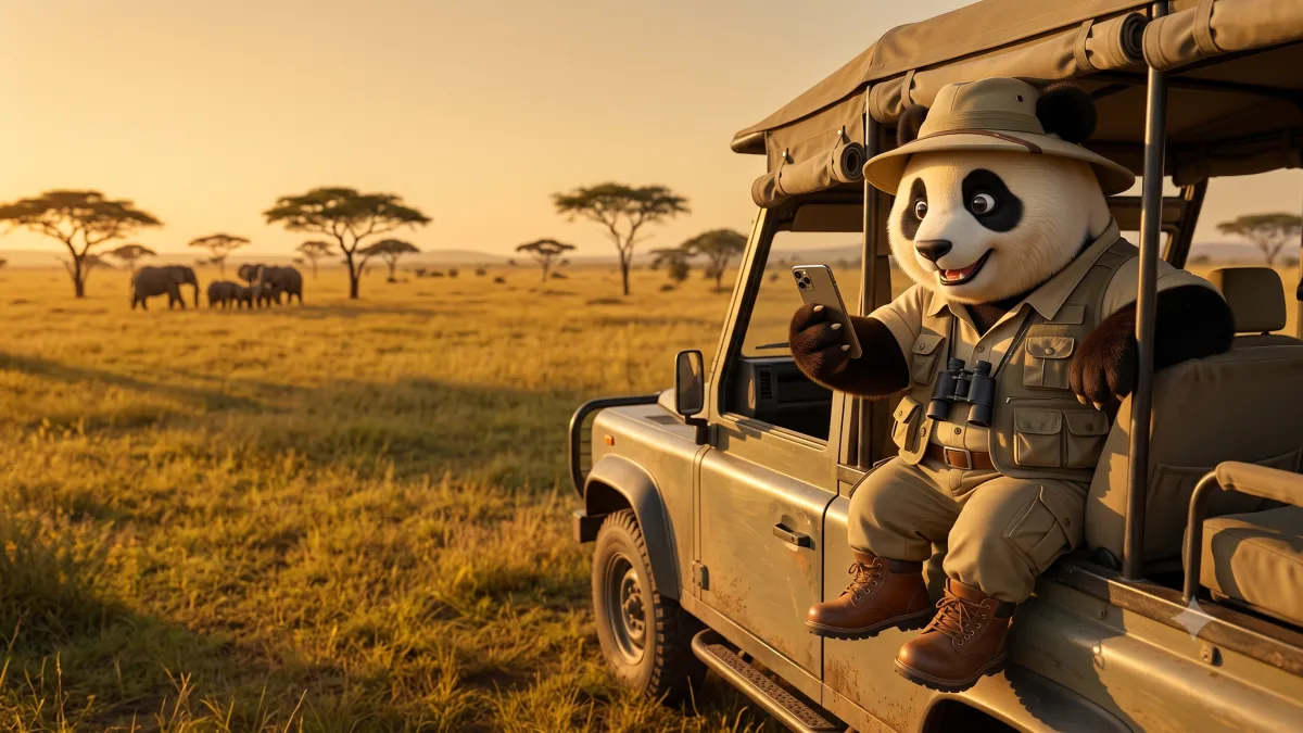 Panda de Gigapanda vestido de safari usando su celular en un jeep en el Masái Mara con elefantes al fondo