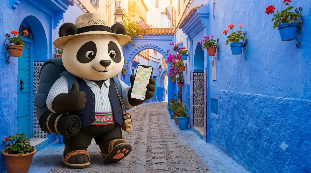 Panda de peluche Gigapanda con eSIM usando internet en Marruecos en los zocos azules de Chefchaouen