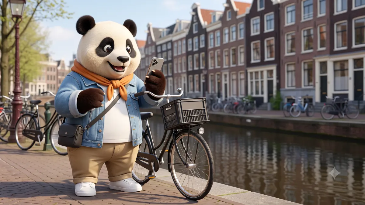 Panda de Gigapanda junto a una bicicleta al lado de un canal de Ámsterdam revisando su celular