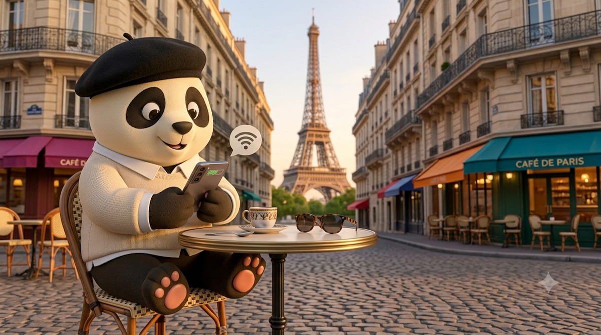 Panda de Gigapanda usando su celular en la terraza de un café parisino con la Torre Eiffel al fondo