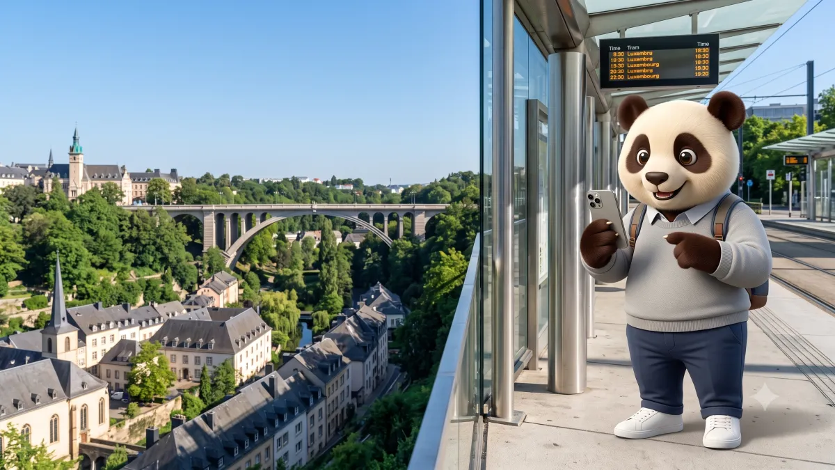 Panda de Gigapanda mirando horarios en su celular en una parada del tranvía gratuito de Luxemburgo con el casco antiguo al fondo