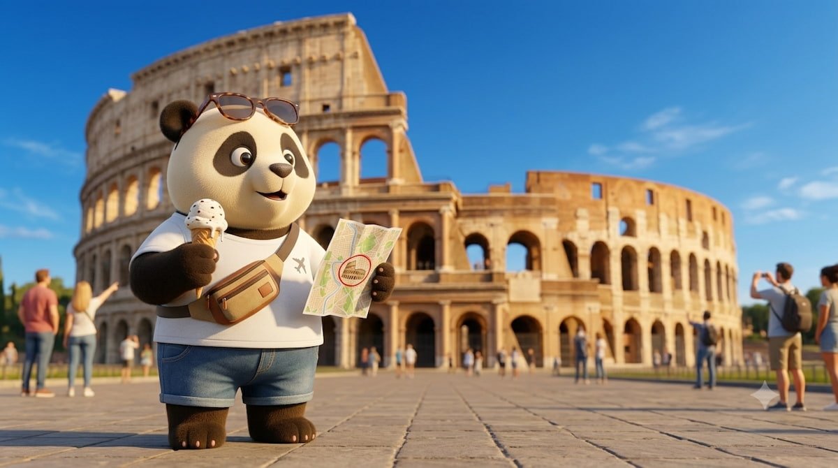 Panda de Gigapanda como explorador con mapa y un helado frente al Coliseo de Roma en verano
