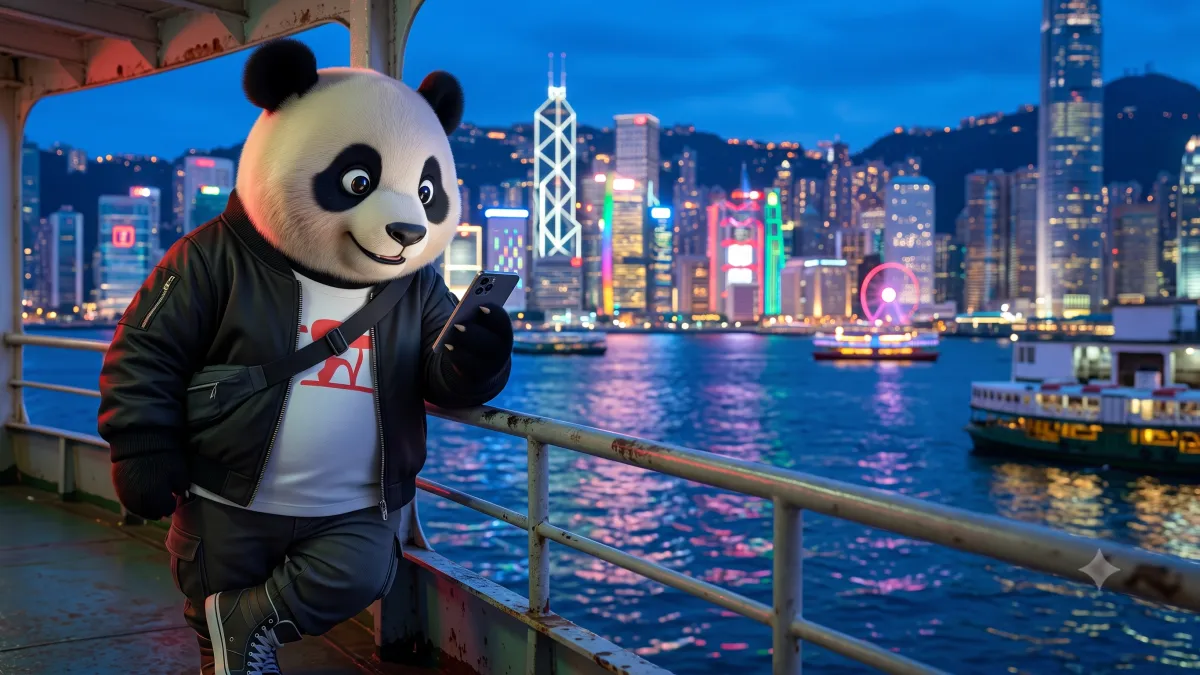 Panda de Gigapanda usando su celular en el Star Ferry con el skyline iluminado de Hong Kong al fondo