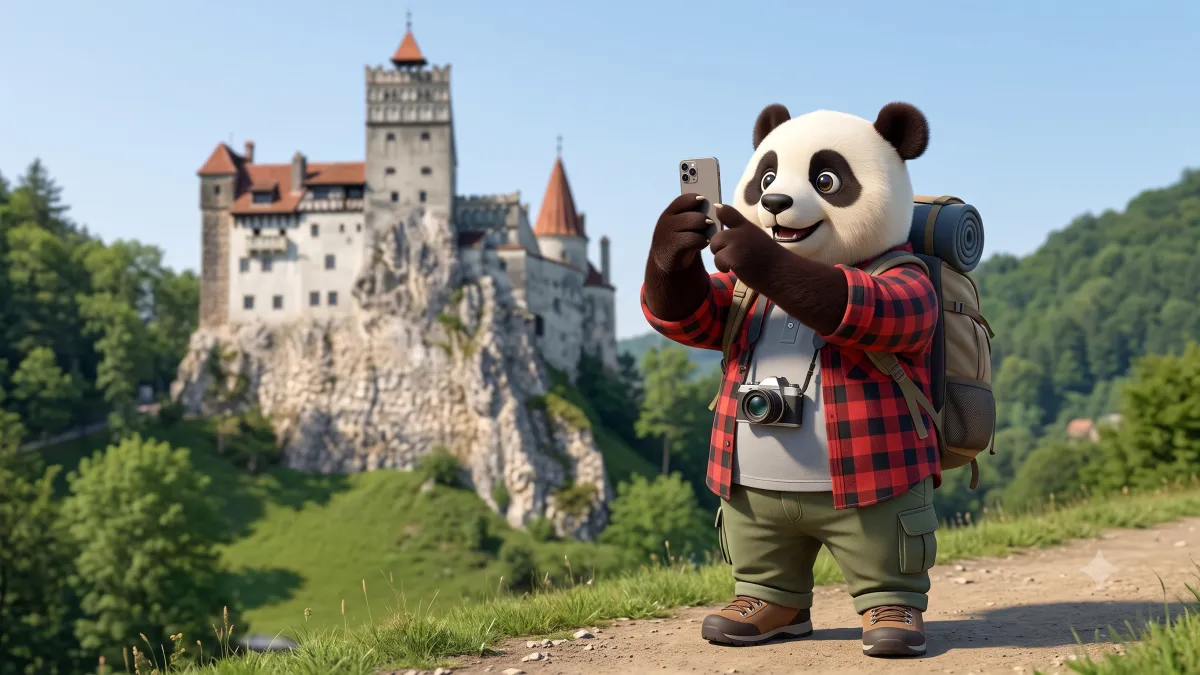 Panda de Gigapanda tomándose una foto frente al castillo de Bran en Transilvania con su celular