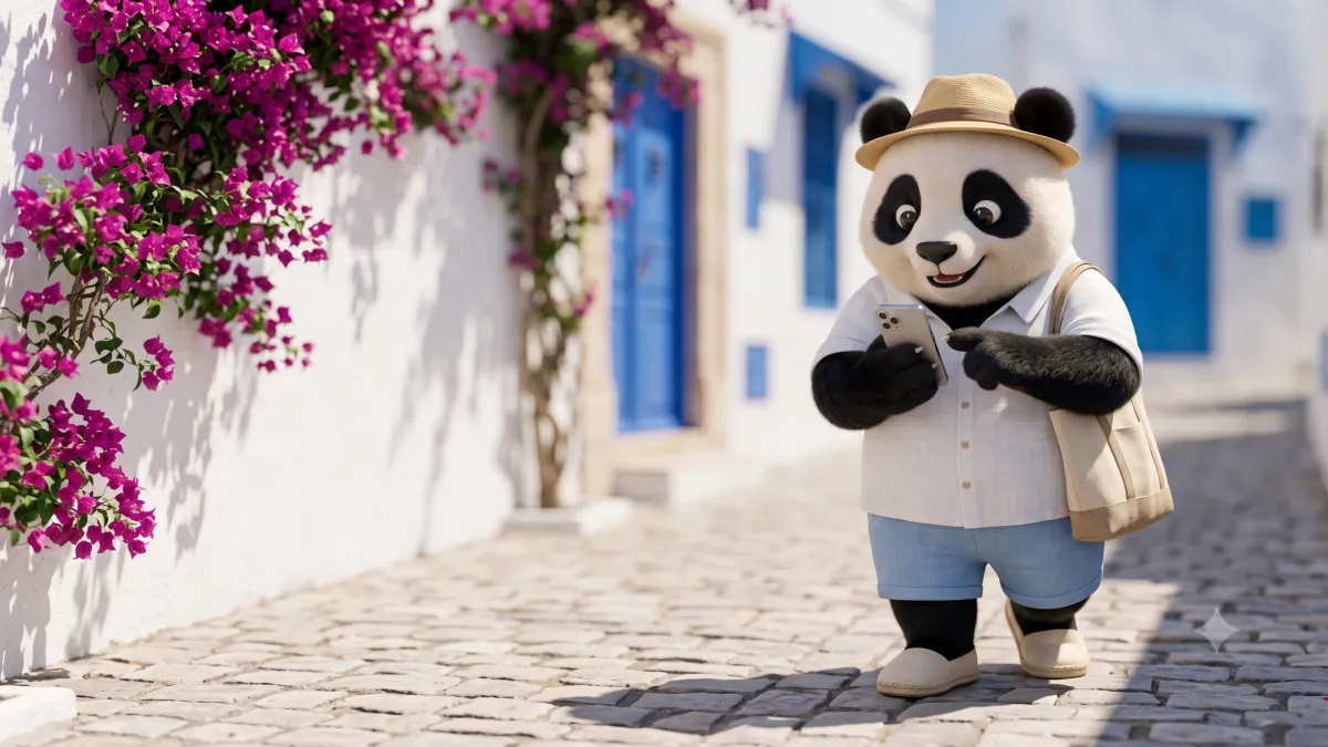 Panda de Gigapanda usando su celular entre las casas azules y blancas de Sidi Bou Said, en Túnez
