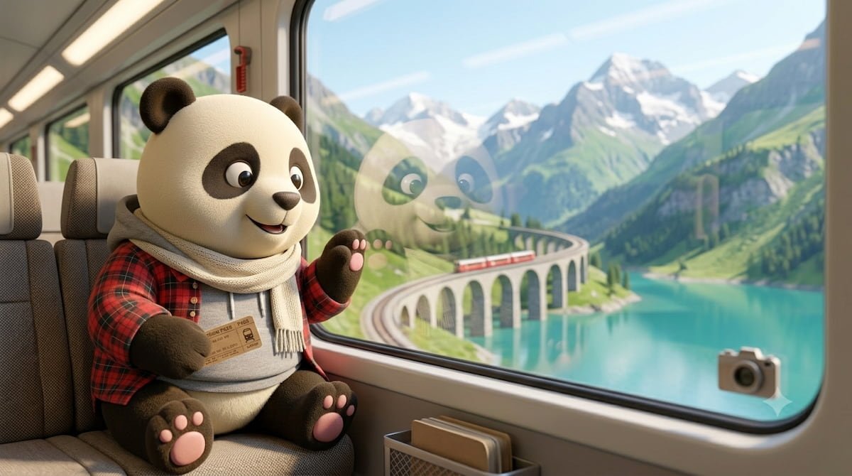 Panda de Gigapanda asomado a la ventana de un tren panorámico cruzando los Alpes suizos en verano