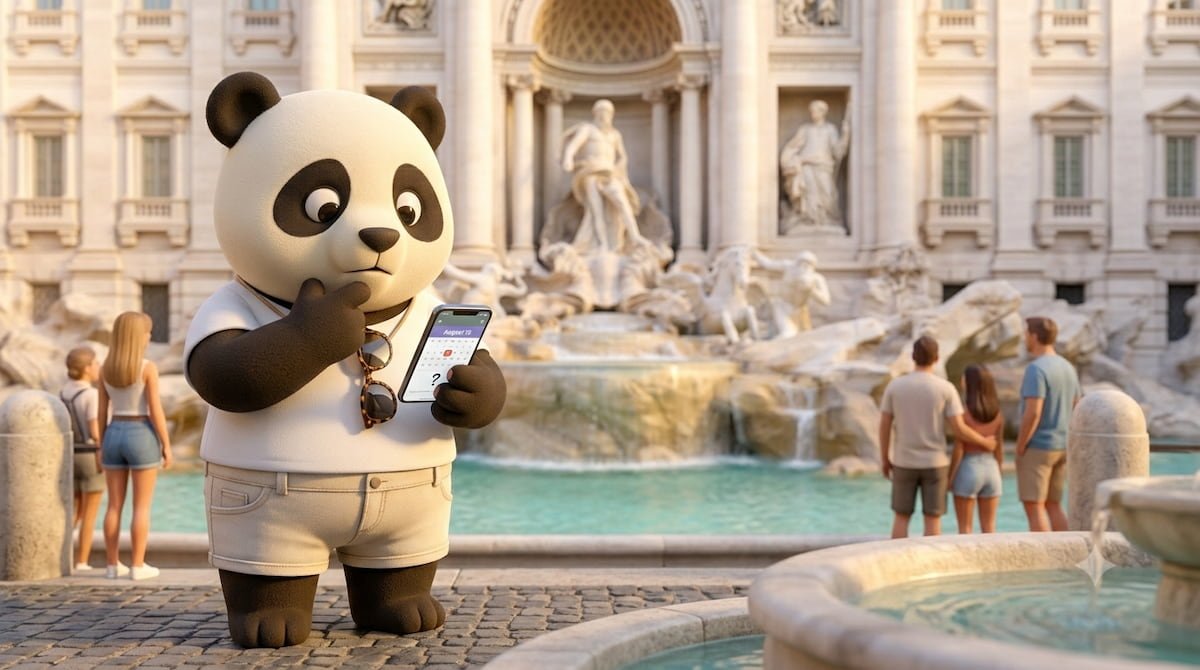Panda de Gigapanda mirando un calendario de verano junto a la Fontana di Trevi de Roma