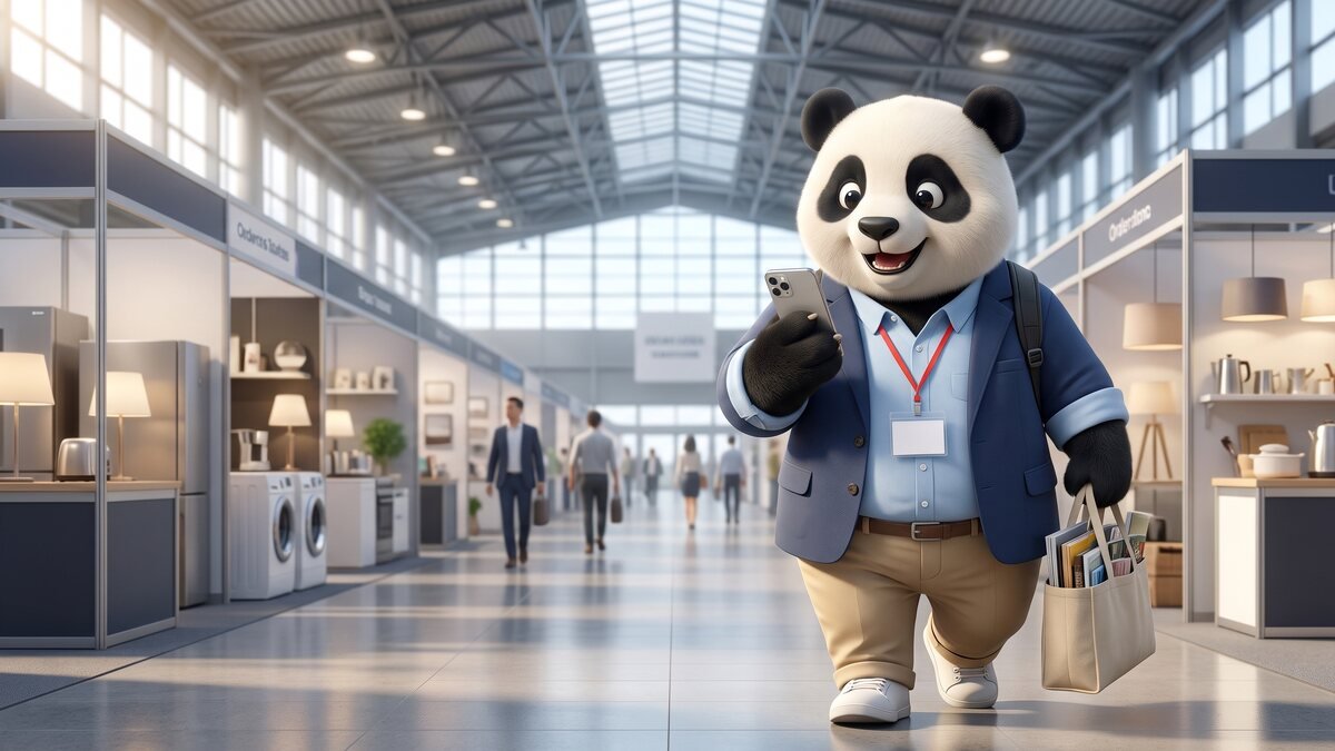 El panda de Gigapanda con credencial de comprador recorriendo un pabellón de la Feria de Cantón mientras revisa su celular