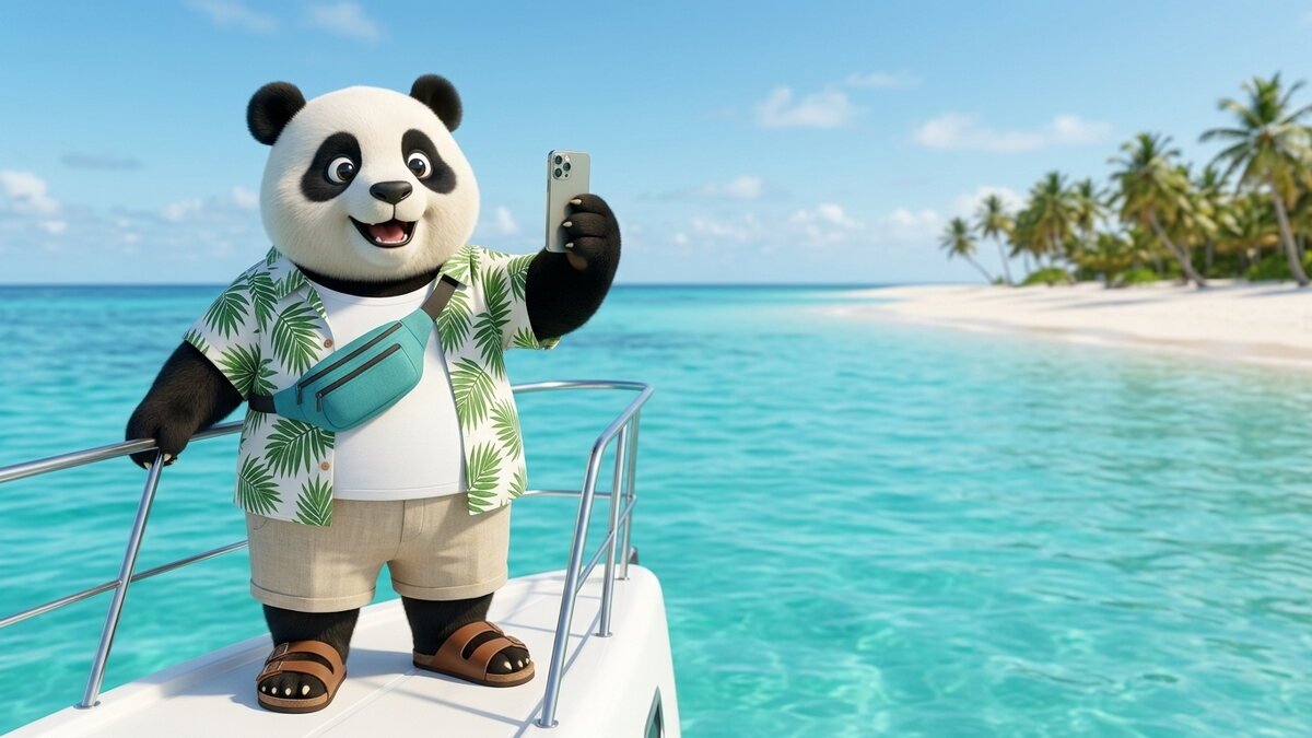 El panda de Gigapanda con camisa de hojas de palma en la proa de un catamarán, grabando con su celular el mar turquesa de República Dominicana