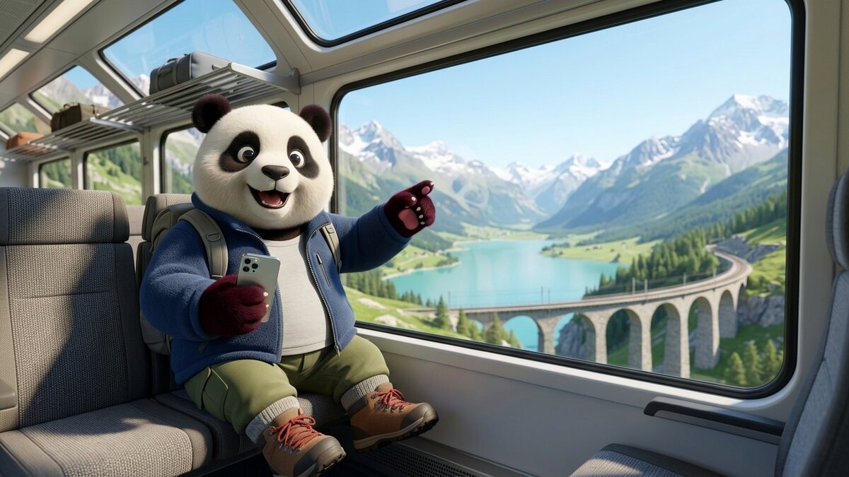El panda de Gigapanda con polar azul junto a la ventana de un tren panorámico en los Alpes suizos, señalando las montañas con el celular en la mano