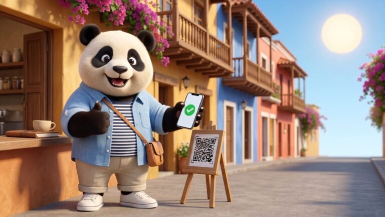 El panda de Gigapanda pagando con el celular en la barra de un café soleado, con la pantalla del pago aprobado